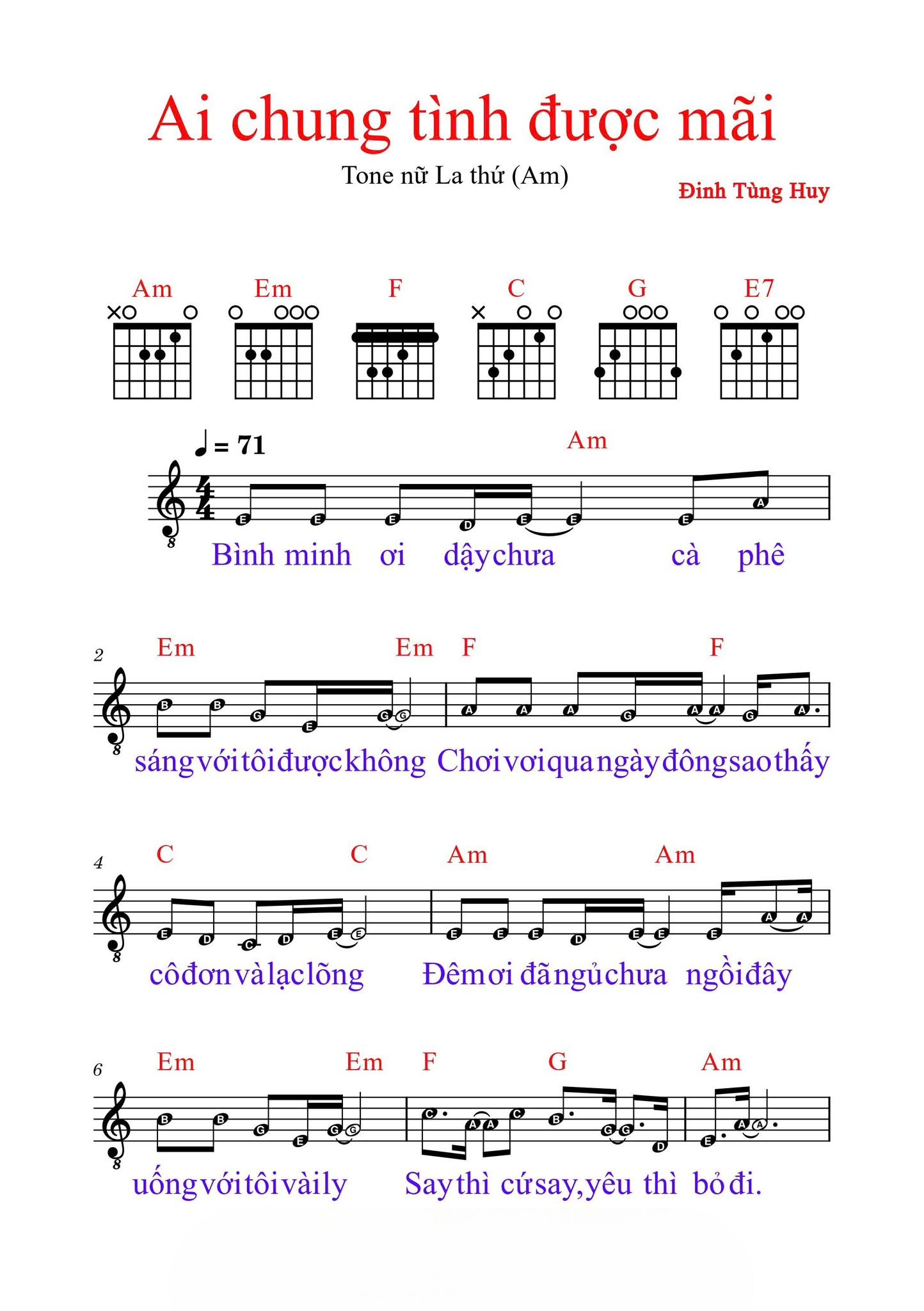 "Ai Chung Tình Được Mãi" là ca khúc ballad nổi tiếng của Đinh Tùng Huy, được nhiều người yêu thích bởi giai điệu sâu lắng và ca từ giàu cảm xúc. Tại đây, bạn có thể tải sheet nhạc Ai Chung Tình Được Mãi dành cho Organ, Piano và Guitar với định dạng PDF chất lượng cao. Bản sheet được trình bày rõ ràng, đầy đủ hợp âm và ký hiệu cần thiết, phù hợp cho người mới học cũng như người biểu diễn chuyên nghiệp.